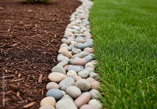 Garden edging with stones and mulch