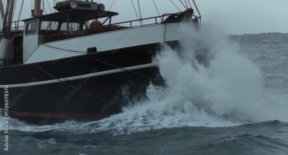 Naklejka premium Stormy seas engulf a vintage fishing boat