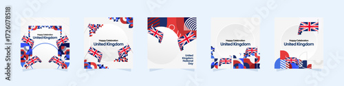 United Kingdom template set. National celebration themes poster with Union Jack flags and colorful geometric design. Festive background ideal for social media post, cover, greeting card, and events.