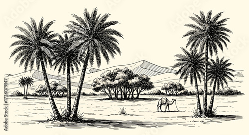 A vintage hand-drawn sketch of a desert oasis with palm trees, a camel, and sand dunes in the background.