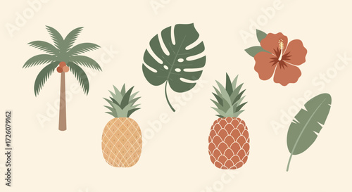 A collection of modern, flat illustrations featuring tropical plants and fruits, including a palm tree, pineapples, and hibiscus flower.