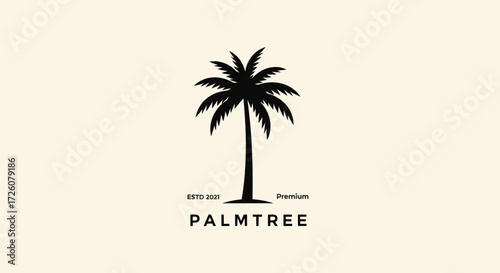 A minimalist black silhouette of a palm tree with the word PALMTREE below it, set against a light beige background.