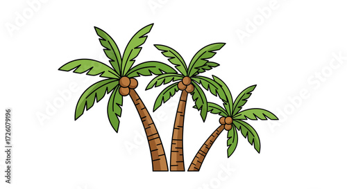 Illustration of three cartoon palm trees with green leaves and brown trunks, with coconuts.