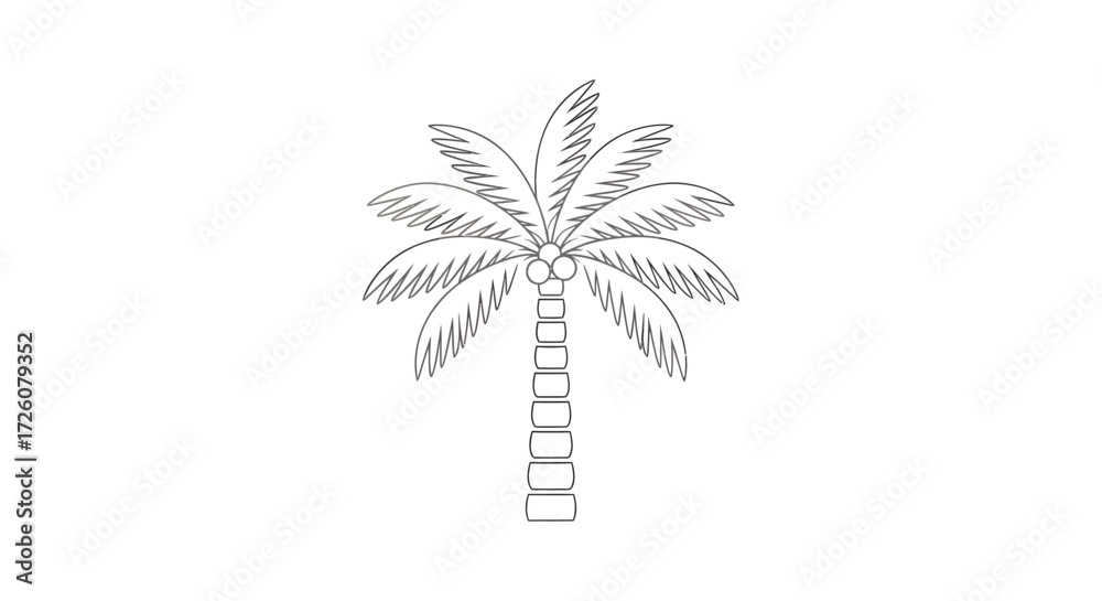 Fototapeta premium Detailed line art illustration of a tropical palm tree with coconuts, depicted in a simple, stylized black and white drawing.