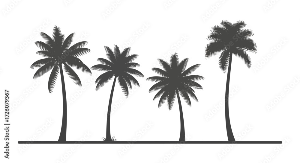 Fototapeta premium Silhouette of four palm trees against a white background.