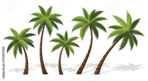 A collection of five stylized palm trees of varying heights and angles, casting shadows on a white background.