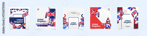 United Kingdom template set. National celebration themes poster with Union Jack flags and colorful geometric design. Festive background ideal for social media post, cover, greeting card, and events.