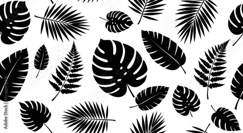 A seamless pattern of various black tropical leaves on a white background, showcasing different shapes and textures.