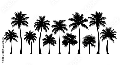 A collection of various black palm tree silhouettes isolated on a white background, creating a tropical landscape.