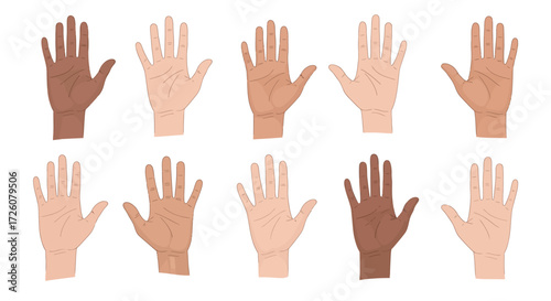 A set of ten illustrated human hands with diverse skin tones, palms open, symbolizing multiculturalism, equality, and unity.