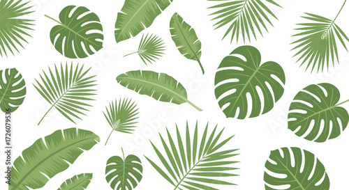 A vibrant pattern of various green tropical leaves including monstera and palm fronds scattered on a clean white background, evoking a lush jungle or summer feel.