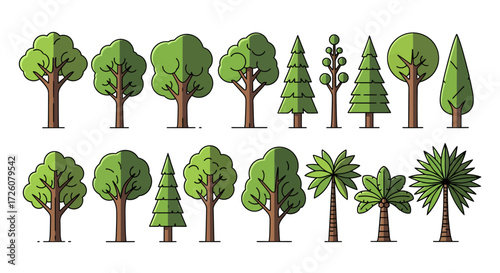 A collection of various stylized trees, including deciduous and coniferous varieties, presented in a flat design.
