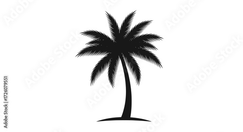 Silhouette of a tropical palm tree with a curved trunk and lush fronds against a white background.
