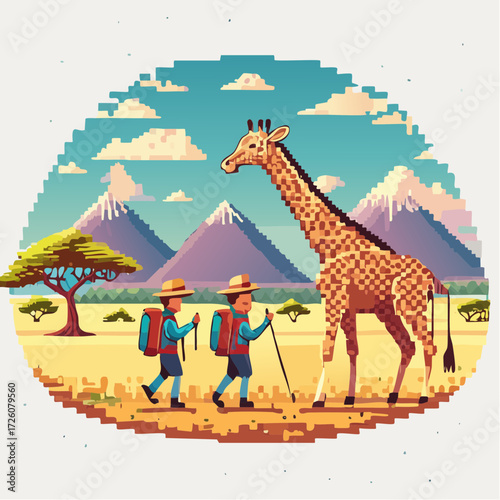 Two young adventurers embark on an exciting pixelated hiking journey through the vibrant African savanna, encountering a majestic giraffe under towering snow-capped mountains