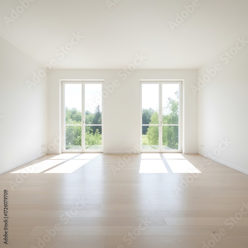 A bright, empty room with two large windows showcasing a verdant outdoor view. Light hardwood floors and white walls create a minimalist, spacious feel.