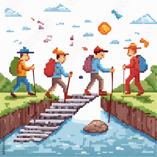 Embark on a scenic hiking adventure across a rustic wooden bridge over a flowing stream with friends, surrounded by lush greenery and a clear sky with scattered clouds
