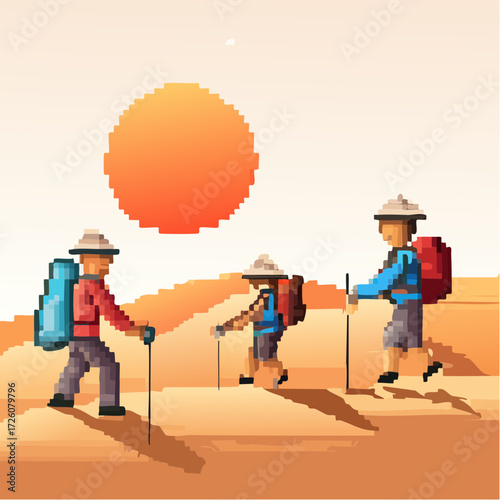 Pixel art illustration of three hikers trekking across a desert landscape under a large, warm sun, representing adventure and perseverance