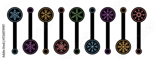 Chalk style set of snow flake sticker labels in blue, yellow, pink and green. Snowflake lid decoration for xmas package. Used as festive icon or ornament on holiday package and lid.
