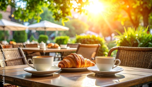Sunlit cafe scene with coffee and pastries