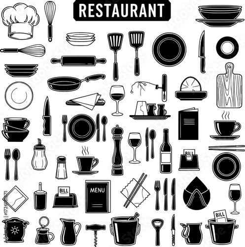 Detailed collection of restaurant, kitchen, and dining icons, including cooking utensils, tableware, food service equipment, and culinary symbols.