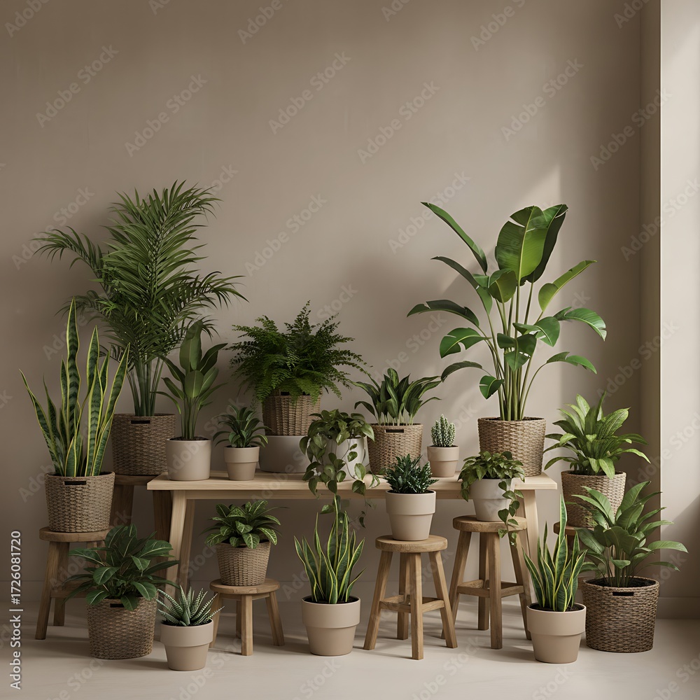 Fototapeta premium A curated collection of diverse potted plants, varying in size and type, arranged on a wooden table and stools against a muted beige wall, creating a calming, plant-filled interior scene.