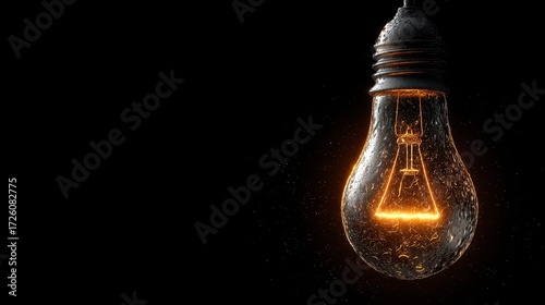 Single Glowing Incandescent Bulb Illuminates Dark Void, Symbolizing Idea and Innovation.