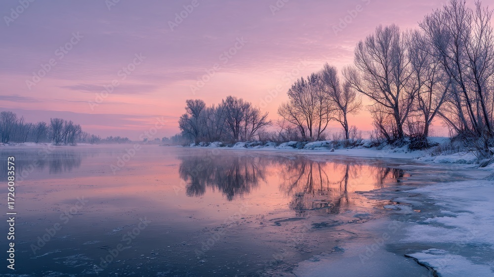 Fototapeta premium Serene Winter River Landscape - Frost-Kissed Trees Reflecting Pastel Sunset Hues.