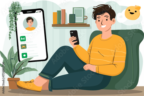 a happy young man sitting on a chair holding a smartphone next to him is a smartphone screen displaying messages1