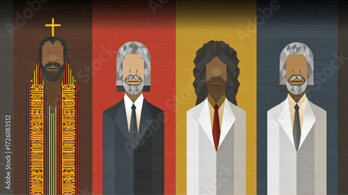 a pixel art design featuring three men dressed in suits against a colorful background with a cross1