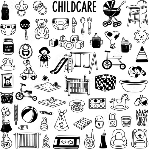 Childcare Baby Essential Items and Toys Doodle Icon Set - Black and White Outline Collection for Infants and Toddlers