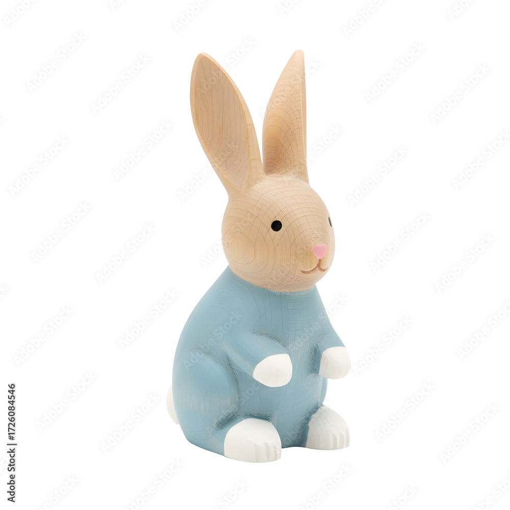 Fototapeta premium A cute, stylized rabbit figurine with a light brown head and ears, wearing a blue outfit with white paws. The background is transparent, highlighting the rabbit's features.
