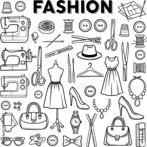 Hand-Drawn Fashion and Sewing Items Doodle Set - Clothing, Accessories, Tools, and Supplies in Black and White Line Art