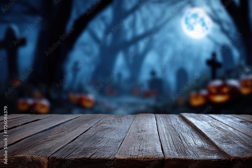 Fototapeta premium Wooden table foreground with a spooky Halloween graveyard background, glowing pumpkins and full moon under dark trees at night