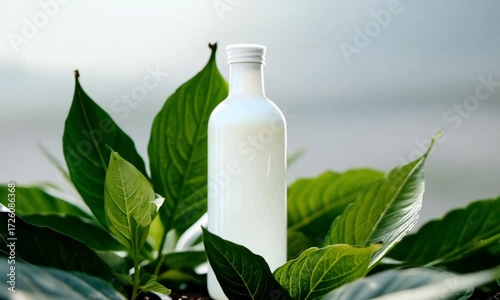 Flat Lay Skincare Bottle with Green Leaves