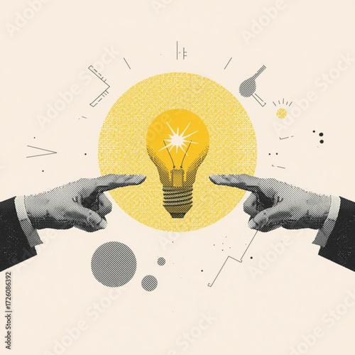 Creative idea lightbulb concept for business innovation and solution with pointing hands illustration art