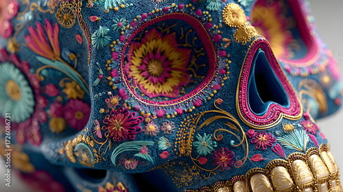 Wallpaper Mural Close-up of a Day of the Dead sugar skull decorated with intricate designs and colorful patterns, honoring the memory of the departed Torontodigital.ca