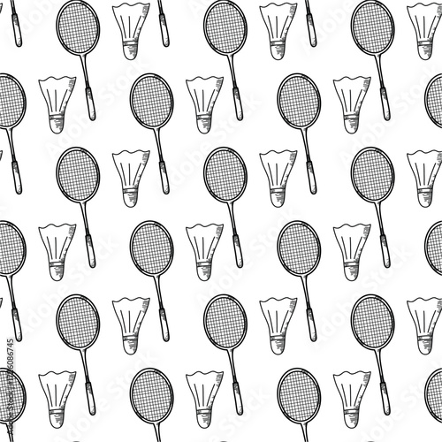 Minimalist seamless pattern with badminton shuttlecocks and rackets in elegant line art. Perfect for sporty backgrounds and athletic designs.

