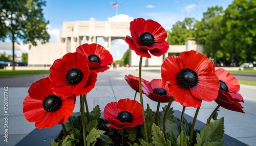 Vivid Red Metal Poppies at War Memorial