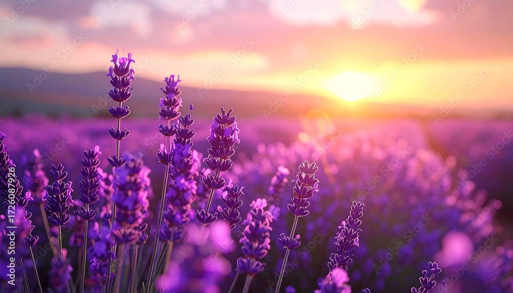 Naklejka premium Sunset over a field of purple flowers