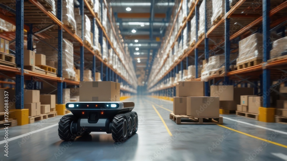 Obraz premium Warehouse robot transporting boxes in a large storage facility