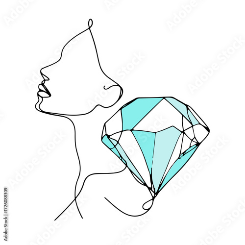 Diamond with blue accents over female portrait single line illustration
