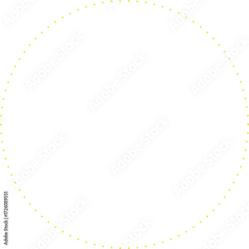 This is a minimalist graphic image featuring a large circle composed entirely of small, yellow dots. These dots are evenly spaced and form a perfect circular outline against a plain.