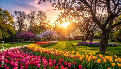 Wallpaper Mural Vibrant Spring Garden Sunset: Tulips and Blossoming Trees Torontodigital.ca