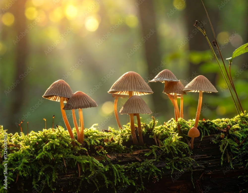 Fototapeta premium Forest floor fungi illuminated by dawn light