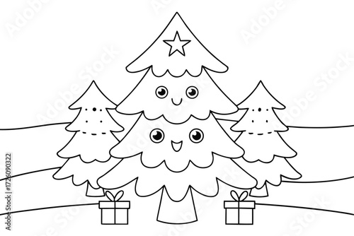 Black and white outline drawing of three happy cartoon Christmas trees with faces and gift boxes vector