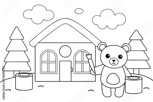 Cartoon bear holding a paintbrush in front of a house with trees painting
