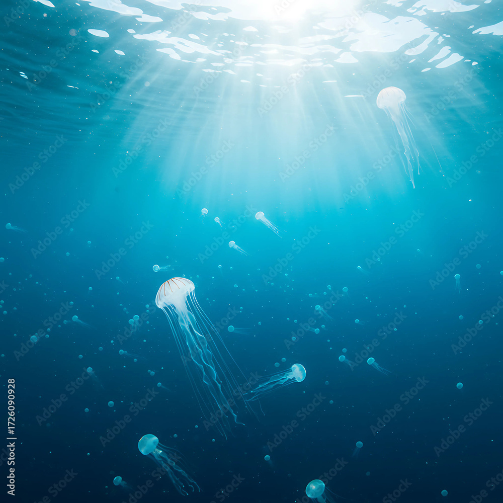 Fototapeta premium Swarm of Jellyfish Swimming Towards the Ocean Surface Sunlight