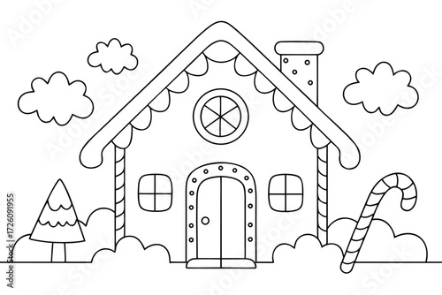 Outline Gingerbread House with Candy Cane and Christmas Tree for Coloring home holiday