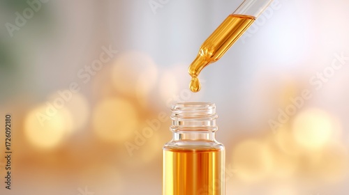 Close-Up of a Pipette Dripping Oil into a Bottle, Capturing the Essence of Natural Beauty and Healing Properties in Skincare Products