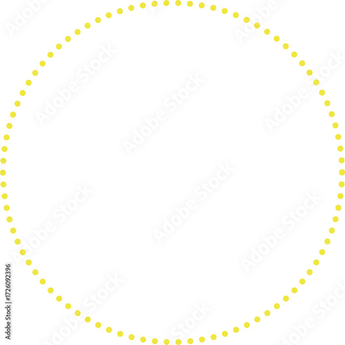 This is a minimalist graphic image featuring a large circle composed entirely of small, yellow dots. These dots are evenly spaced and form a perfect circular outline against a plain.